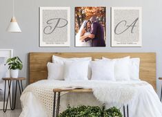 a bedroom with two pictures on the wall