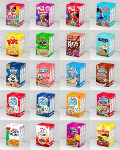 an image of cereal boxes that are different colors and flavors in each box on the shelf