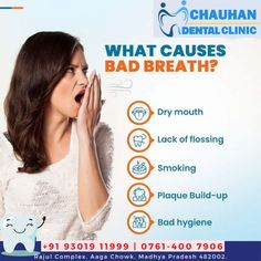 What Causes Bad Breath? Free Consultation on Every Thursday Best Dental Clinic in Jabalpur Chauhan dental clinic Contact Us: +91 9301911999 +91 9303588899 www.chauhandentalclinic.in #chauhandentalclinic #dentistry #dentist #dental #dentalclinic #bestdentist #rootcanaltreatment #teethwhitening #braces #alingers #dentalimplant #dentalcare #dentalcrownsandbridges #dentalcrowns #dentalcareforchildren #Bestendodontist #endodontist Family Dental Care, Dental Posts, Dentist Clinic, Medical Posters, Dental Hospital, Dental Design