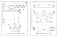 three architectural drawings showing the details of an ornate column