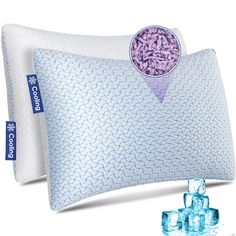 two pillows with ice cubes on them and one pillow that has been made to look like