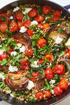 a pan filled with tomatoes, onions and other vegetables