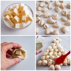 four pictures showing different types of food being made and then cut into small cubes