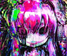 an abstract painting of a girl with pink hair and green eyes, wearing headphones