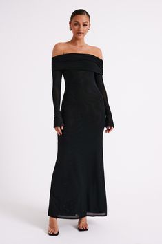 For every event.The JOSIE is a long-sleeved, off-shoulder maxi dress with a fold-over neckline and mesh skirt layer. Its stretchy bodycon fabrication makes for a classic, elegant silhouette that flatters curves. Fitted long sleeves and a cinched waist, paired with the slightly sheer fabric, create a visual that is at once both sensual and sophisticated. No closure gives it a beautiful, seamless finish. Finish off the classy look with an elegant necklace and Brandy Ankle Strap Heels. Long Sleeve Dress Winter Wedding Guest, Dress For Christmas Wedding Guest, Long Sleeve Fancy Dress, Classy Black Bridesmaids Dresses, Long Black Dress Wedding Guest, White Off Shoulder Maxi Dress, Off The Shoulder Long Sleeve Dress, Long Sleeve Dress Formal Classy, Dresses Silk Long