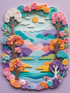 an art work made out of paper with flowers and trees in the middle on a purple background