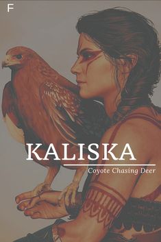 a drawing of a woman holding a bird in her hand with the words kaliska above her