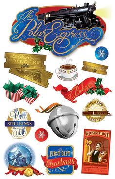 various christmas stickers with a train on the top and other holiday items around it