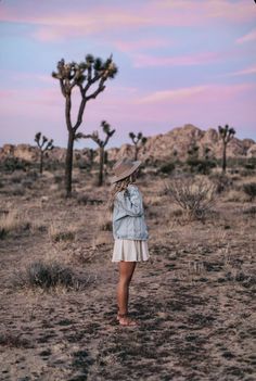 a woman wearing a hat standing in front of a joshua tree with pink skies behind her