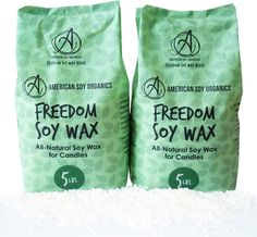 two bags of american soy wax are shown in this image, one is green and the other is white