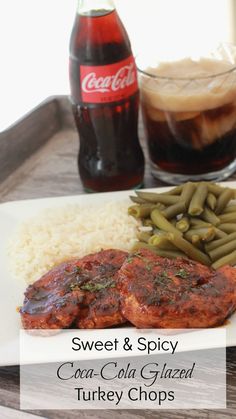 sweet and spicy coca cola glazed turkey chops on a white plate with green beans