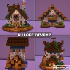 four different views of a small house made out of rocks and stones, with the words village