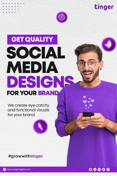 a man holding a smart phone in front of his face with the words get quality social media designs for your brand