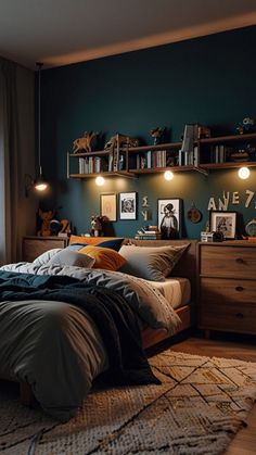 a bed sitting in a bedroom next to a window with lots of books on it