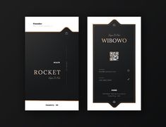 two black and white brochures with gold trimmings on the front and back