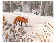 a painting of a red fox walking through the snow in front of trees and plants