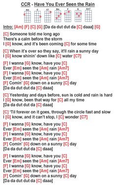 the guitar chords are arranged in red and black, with words that read c / d have you ever seen the rain