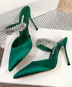 Emerald Green Wedding Shoes, Satin Slippers, Fashion Slides, High Heel Mules, Summer Heels, Womens Pumps, Heel Mules, Rhinestone Heels, Slippers Women