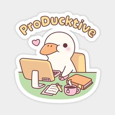 a sticker that says produkttive with a ducky sitting at a computer