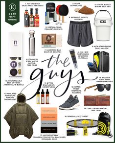 the guy's essentials for him and her, including shoes, clothing, water bottles