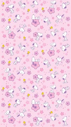 a pink wallpaper with hello kitty and other cartoon characters on it, as well as flowers