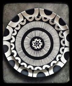 a black and white plate sitting on top of a table