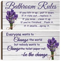 two wooden signs with purple flowers and the words bathroom rules written in blue on them