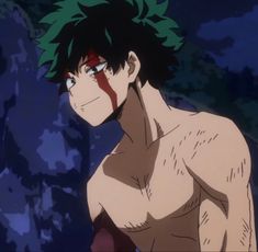 an anime character with green hair standing in front of trees and looking off to the side