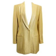 - Vintage 80s Escada gold toned metallic shiny shawl blazer. - Featuring gold toned button with rhinestones fastening and button on each cuff. Jetted pocket. - Made in Germany. - 42% Virgin Wool, 38% Rayon. 20% Polyester. - Size 36. Shawl Blazer, Gold Blazer, Dapper Day, Casual Blazer, Blazer Outfits, Blazers For Women, Blazer Jacket, Metallica, Women's Blazer