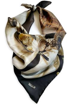 Add a dash of sophistication to your look with our silk scarves. Hand-rolled from the finest-grade silk twill, this luxurious scarf is an exquisite way to add a touch of elegance to any ensemble. Perfect for adding a little extra warmth on a crisp day, it's sure to be an eye-catching addition to your wardrobe. 100% silk 25" by 25" Hand-rolled hems ​Hand wash cold; Do not bleach; Line dry; Cool iron on reverse side; Do not dry clean; Do not iron decoration Imported Still Life with a Gilt Cup: Wil Designer Silk Scarves For Formal Occasions, Luxury Black Silk Scarf For Formal Occasions, Elegant Silk Satin Scarf, Elegant Silk Mark Certified Silk Scarf, Classic Silk Scarf As A Gift, Classic Silk Scarves As A Gift, Classic Silk Scarves For Gift, Elegant Silk Scarves With Satin Finish, Classic Satin Scarves As Gift