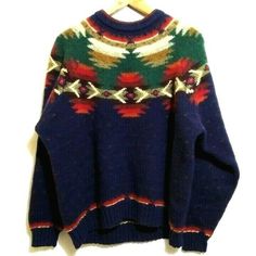 VINTAGE WOOLRICH 100% WOOL THICK & COLORFUL PULLOVER CREW NECK SWEATER SZ XL. 100% All Pure Wool. Dry Clean. Navy base color w/ Southwestern/geometric colorful pattern along yoke & red "polka dot" pattern throughout. Long raglan sleeves, crew neck & rib knit hem & cuffs. Thick & cozy sweater. Flat measures approx: -25" across Chest -27" Length **PILLING IN SPOTS** Otherwise, in overall very good condition! No rips/stains. Smoke free home. Colorful Pullover, Navy Base, Vintage Woolrich, Red Polka Dot, Cozy Sweater, Polka Dot Pattern, Cozy Sweaters, Blue Sweaters, Base Colour