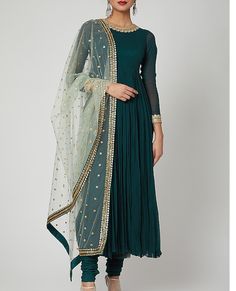 www.perniaspopupshop.com Green Anarkali Dress, Green Suit Women, Chudidhar Designs, Green Anarkali Suits, Georgette Anarkali Suits, Green Anarkali, Teal Green Dress, Indian Dresses For Women, Blue Anarkali