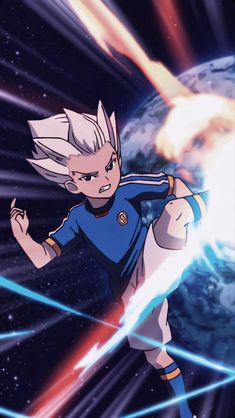 an animated character in front of a space background