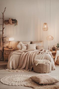 a bedroom with white walls and flooring has a large bed covered in beige blankets