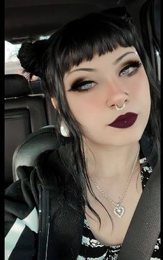 Piercing Beautiful Goth Makeup, Cute Dark Eyeshadow Looks, Punk Hair And Makeup, Goth Hair Women, Gothic Makeup Ideas Dark Beauty, Colorful Punk Makeup, Goth New Years Makeup, Black Makeup Looks Goth, Metalhead Makeup Tutorial