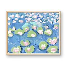 water lilies are floating in the pond with blue sky and white clouds behind them