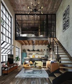 a living room filled with lots of furniture and a staircase leading up to the top floor