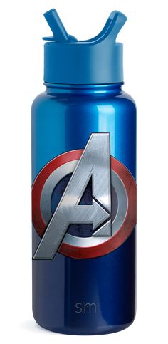 the avengers logo is displayed on a blue water bottle with an iron - man symbol