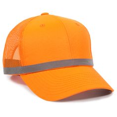 an orange trucker hat with a gray stripe on the front and back side, against a white background