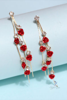 Red roses chain dangle drop earrings Red Rose Design Earrings For Party, Rose Flower Drop Earrings For Party, Rose Design Drop Earrings For Party, Rose Design Dangle Jewelry For Party, Party Drop Earrings With Rose Design, Party Rose Design Drop Earrings, Rose Red Rose Design Earrings For Party, Rose Design Rose Red Earrings For Party, Party Flower Drop Earrings With Rose Design