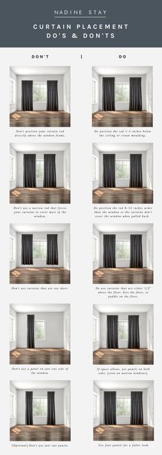 Here's how high you should hang your curtains, how wide the curtain rod should be, & how many panels you should use. Curtain do's and don'ts. Four Curtain Panels One Window, Hide Fireplace Opening, Curtain Dos And Dont, Windows With One Curtain Panel, Curtains All Around The Room, 3 Curtain Panels On One Window, 10ft Ceiling Curtains, Window Blinds With Curtains, 10 Ft Ceilings Living Room Curtains