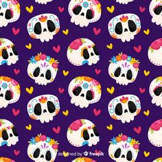 colorful skulls with hearts and flowers on a purple background for day of the dead or dia de los muerts