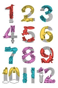 the numbers are made up of different colors and shapes, including one for each letter