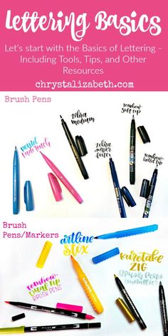 different types of pens and pencils with the words lettering basics written on them in pink,