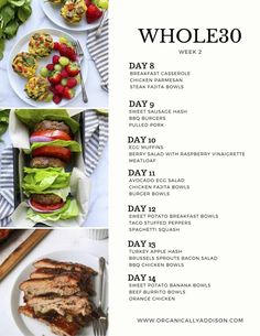 the menu for whole 30 is laid out on a table with plates and utensils