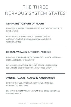 Here's what the three nervous system states are and what emotions and behaviors come with it. This will help you identify nervous system dysregulation and when you need to look at the 4 points of connection. Learning how to do this will help you in your healing journey to holistically heal your inner child. Find out what defensive nervous system state you're in with my quiz in my website. nataliehummelcoaching.com Heal Your Inner Child, Polyvagal Theory, Power Of Healing, Survival Mode, Work Harder, Central Nervous System