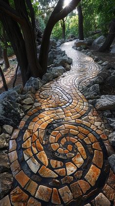 a stone pathway in the middle of a forest