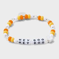 Tagline: You're boo-tiful Description: It's not just fall; it's spooky season. Get ready for the best time of the year with this exclusive "Hey Boo" bracelet from Little Words Project®, featuring a custom friendly ghost casted bead. This playful accessory adds a touch of Halloween spirit to any look! This Little Word™is more than just a bracelet. It’s your key to inspiring a kinder world. Wear your word as long as you need it. When you’re ready, pass it on to someone else who needs it more. Each Bracelets For Your Crush, Thanksgiving Bracelets For Kids, Cookie Monster Bracelet, Halloween Friendship Bracelet Beads, Beaded Bracelet For Boyfriend, Pink Halloween Bracelet, Halloween Inspired Bracelets, Halloween Horror Nights Friendship Bracelets, Spooky Friendship Bracelet