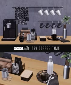 there are coffee cups and other items on the shelf next to each other, along with an espresso machine