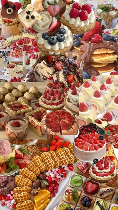 a collage of different desserts and pastries are shown in this image, including strawberries